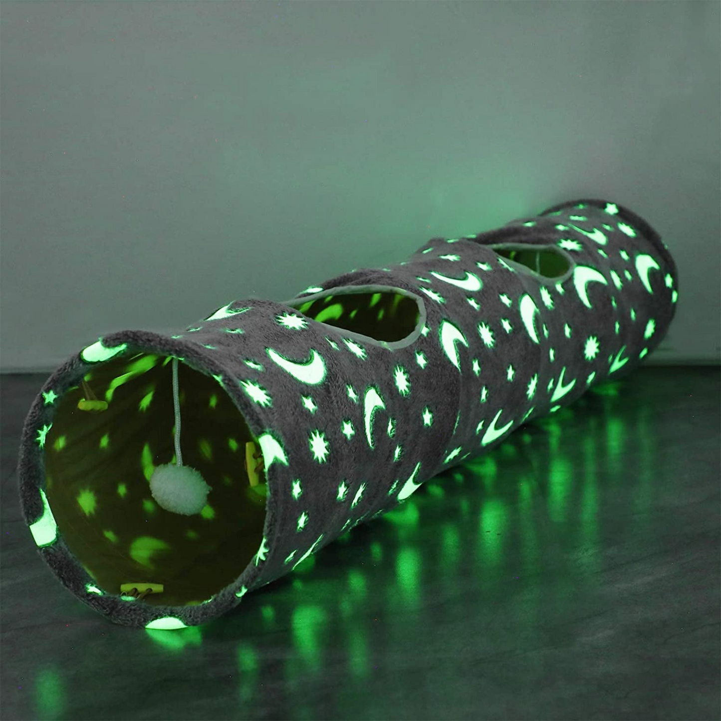 Glow-in-the-Dark Cat Tunnel with Plush Ball Toys – Collapsible Fun for Kittens, Bunnies, Ferrets, and Small Dogs – Grey Moon & Star Design