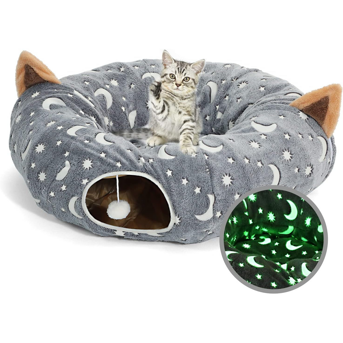 Glow-in-the-Dark Cat Tunnel with Plush Ball Toys – Collapsible Fun for Kittens, Bunnies, Ferrets, and Small Dogs – Grey Moon & Star Design