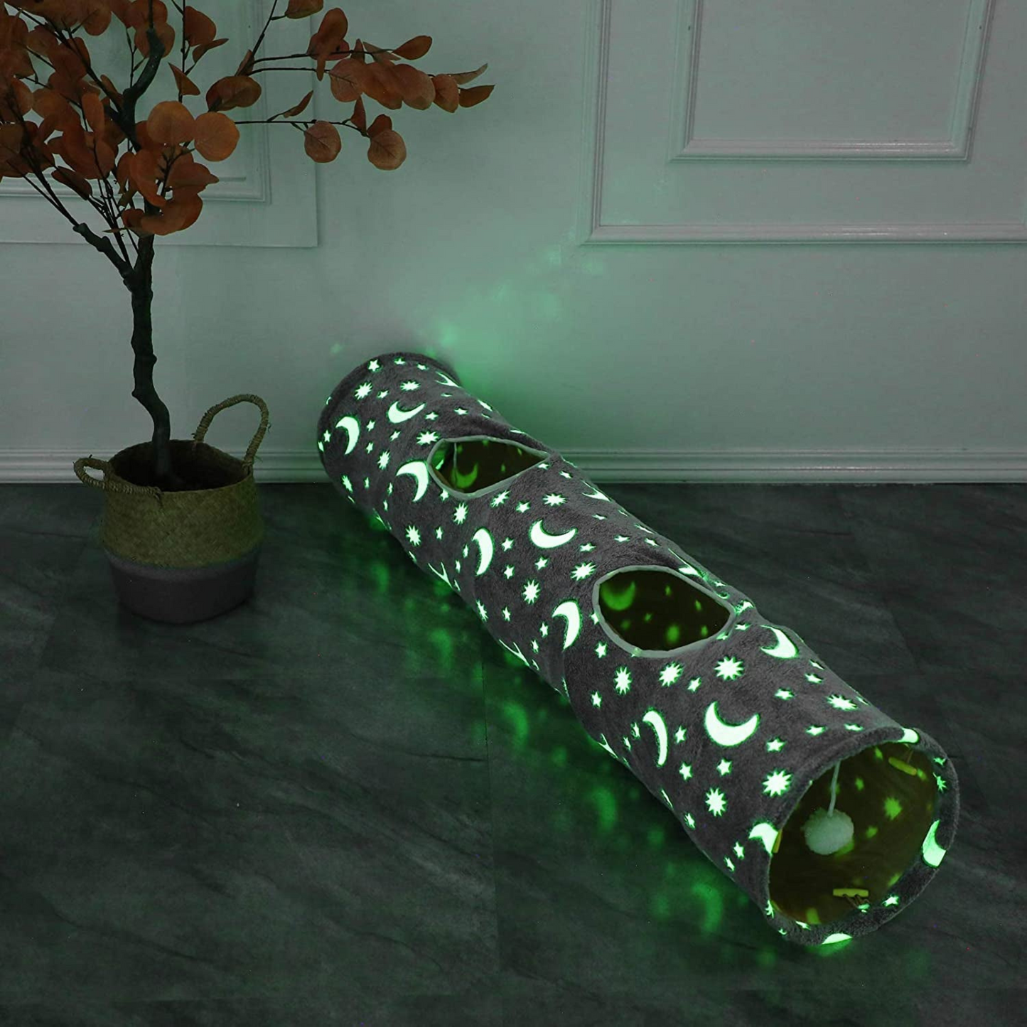 Glow-in-the-Dark Cat Tunnel with Plush Ball Toys – Collapsible Fun for Kittens, Bunnies, Ferrets, and Small Dogs – Grey Moon & Star Design