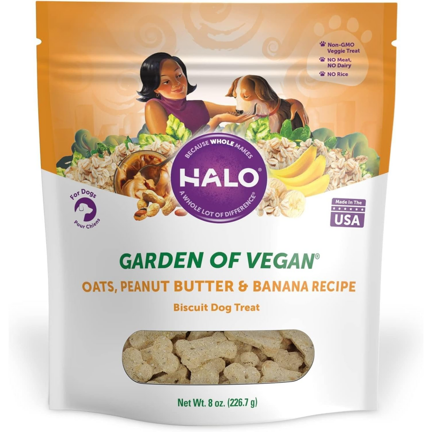 Halo Vegan Dog Treats Variety Pack – Crunchy Plant-Based Goodness with Oats & Blueberries, Peanut Butter & Banana, and Peanuts & Pumpkin Flavors – 8 oz, 3-Pack