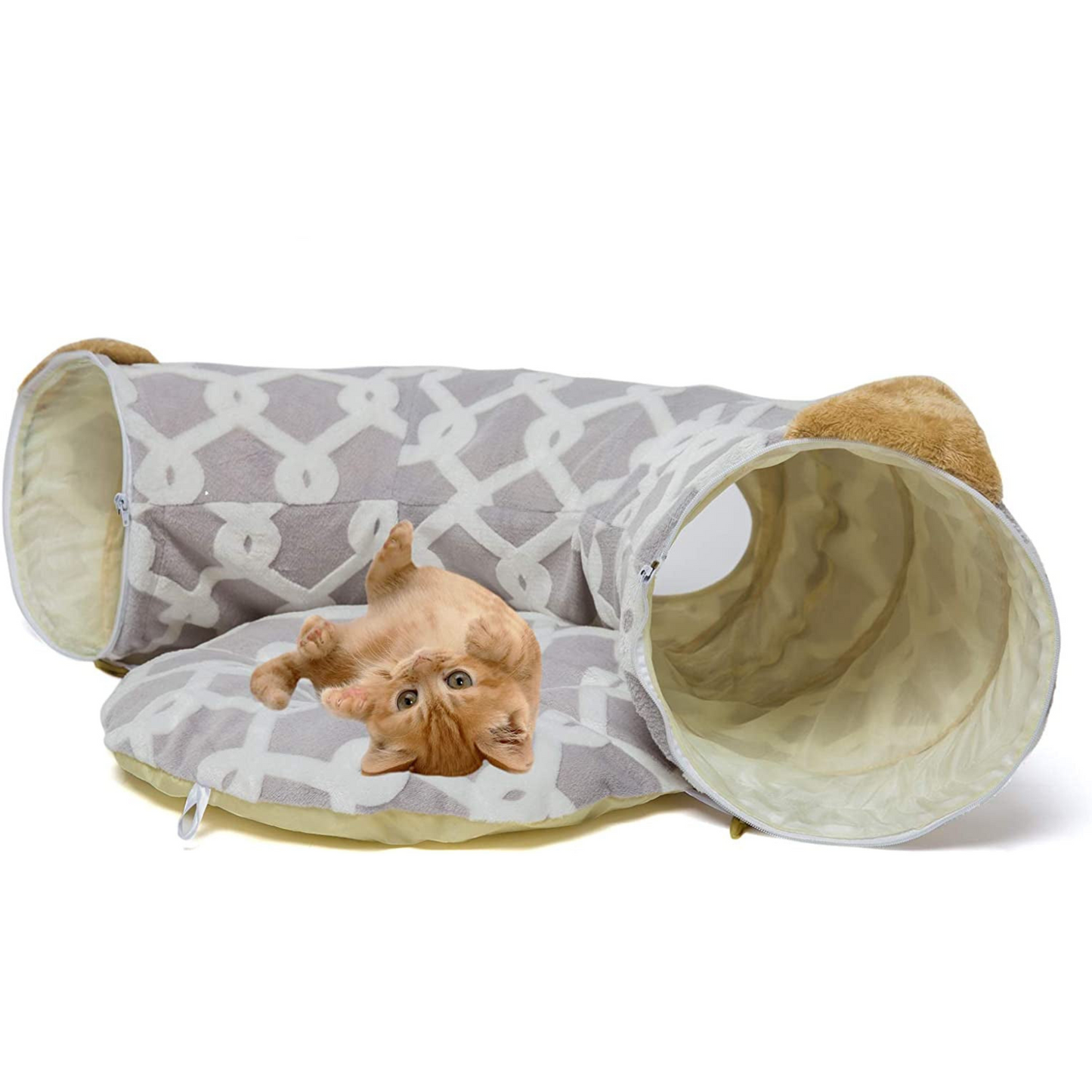Cozy Cat Tunnel Bed with Plush Cover & Fluffy Toy Balls - Flexible 3 ft Design with Soft Cushion - Ideal for Cats & Small Dogs - Stylish Gray Geometric Pattern