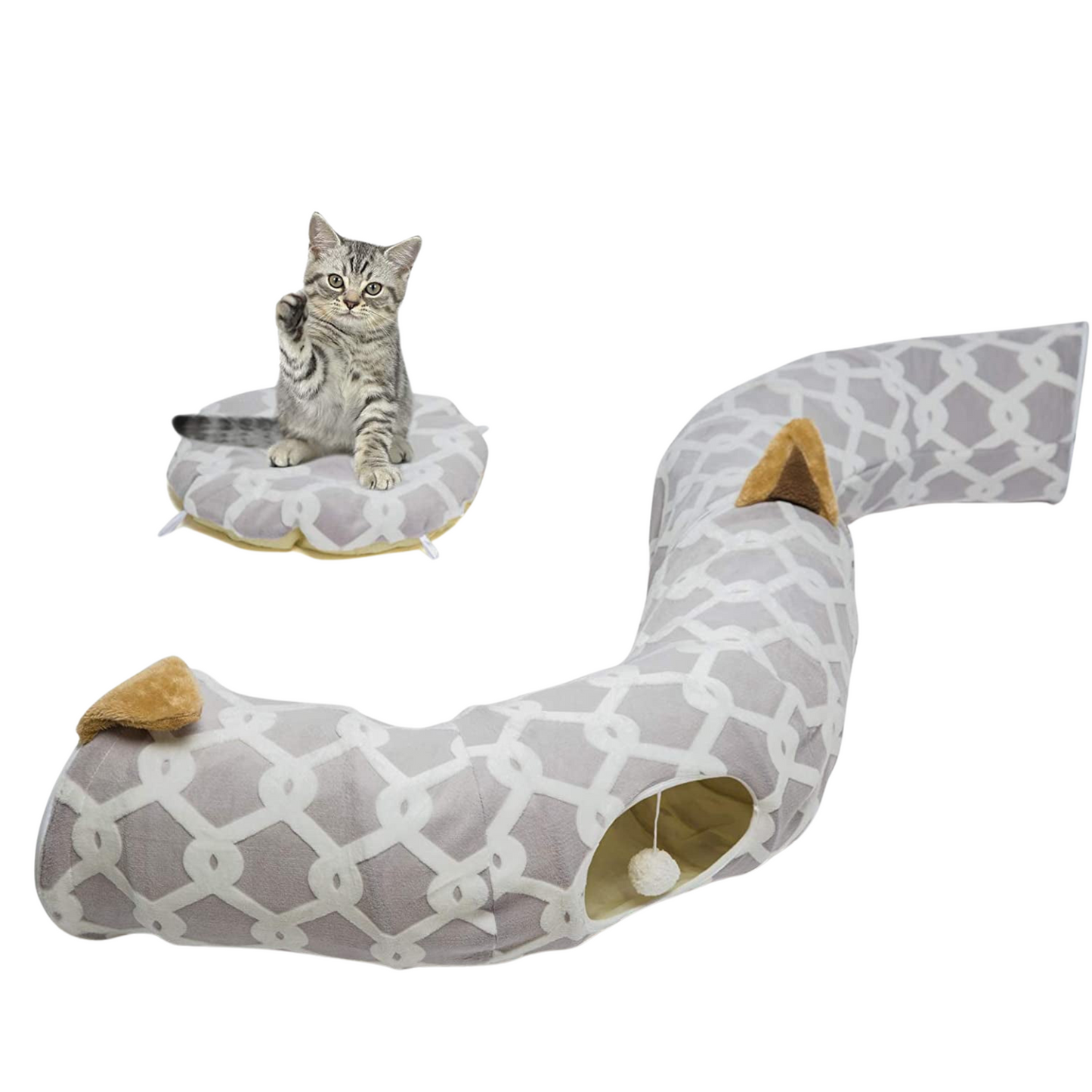Cozy Cat Tunnel Bed with Plush Cover & Fluffy Toy Balls - Flexible 3 ft Design with Soft Cushion - Ideal for Cats & Small Dogs - Stylish Gray Geometric Pattern
