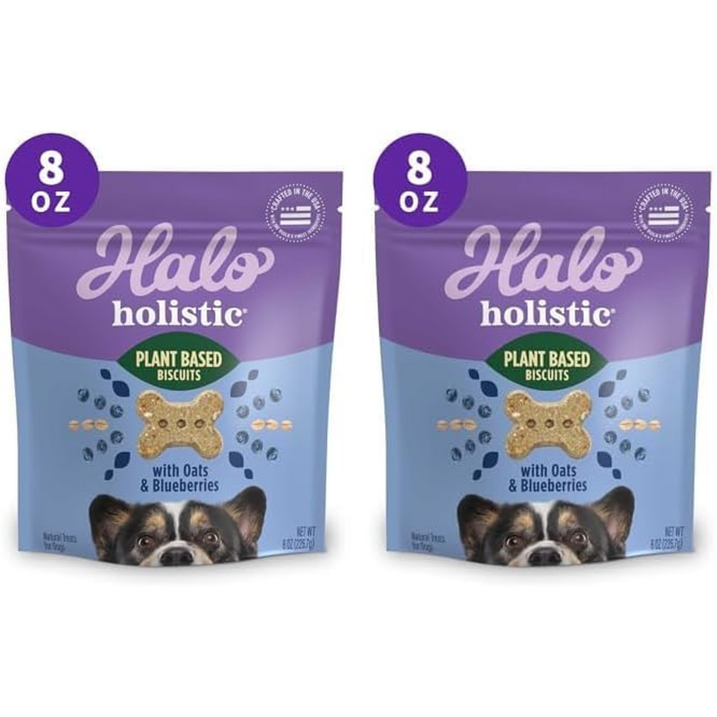 Halo Vegan Dog Treats Variety Pack – Crunchy Plant-Based Goodness with Oats & Blueberries, Peanut Butter & Banana, and Peanuts & Pumpkin Flavors – 8 oz, 3-Pack