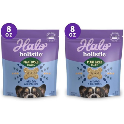 Halo Vegan Dog Treats Variety Pack – Crunchy Plant-Based Goodness with Oats & Blueberries, Peanut Butter & Banana, and Peanuts & Pumpkin Flavors – 8 oz, 3-Pack