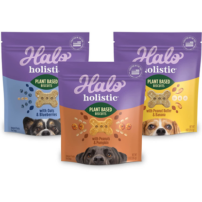 Halo Vegan Dog Treats Variety Pack – Crunchy Plant-Based Goodness with Oats & Blueberries, Peanut Butter & Banana, and Peanuts & Pumpkin Flavors – 8 oz, 3-Pack