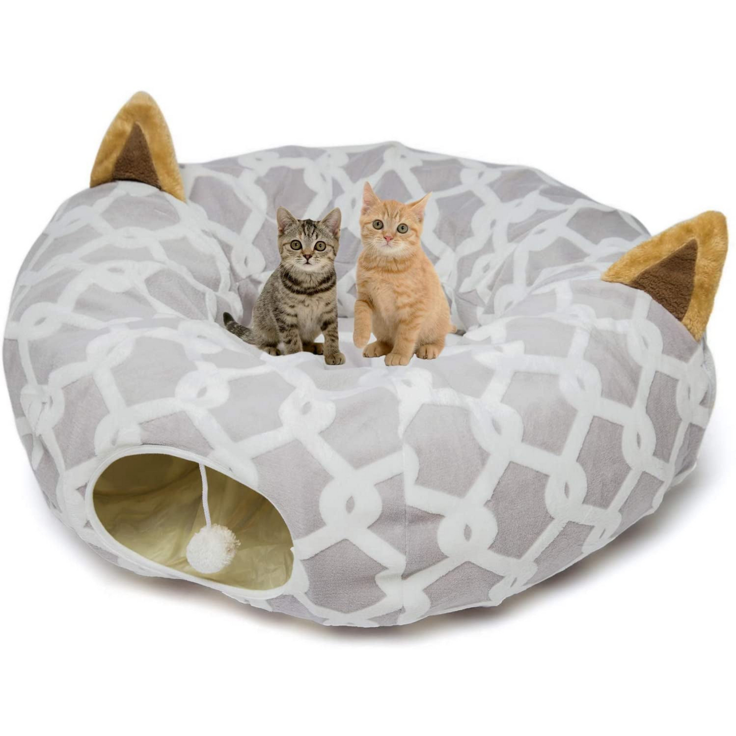 Cozy Cat Tunnel Bed with Plush Cover & Fluffy Toy Balls - Flexible 3 ft Design with Soft Cushion - Ideal for Cats & Small Dogs - Stylish Gray Geometric Pattern
