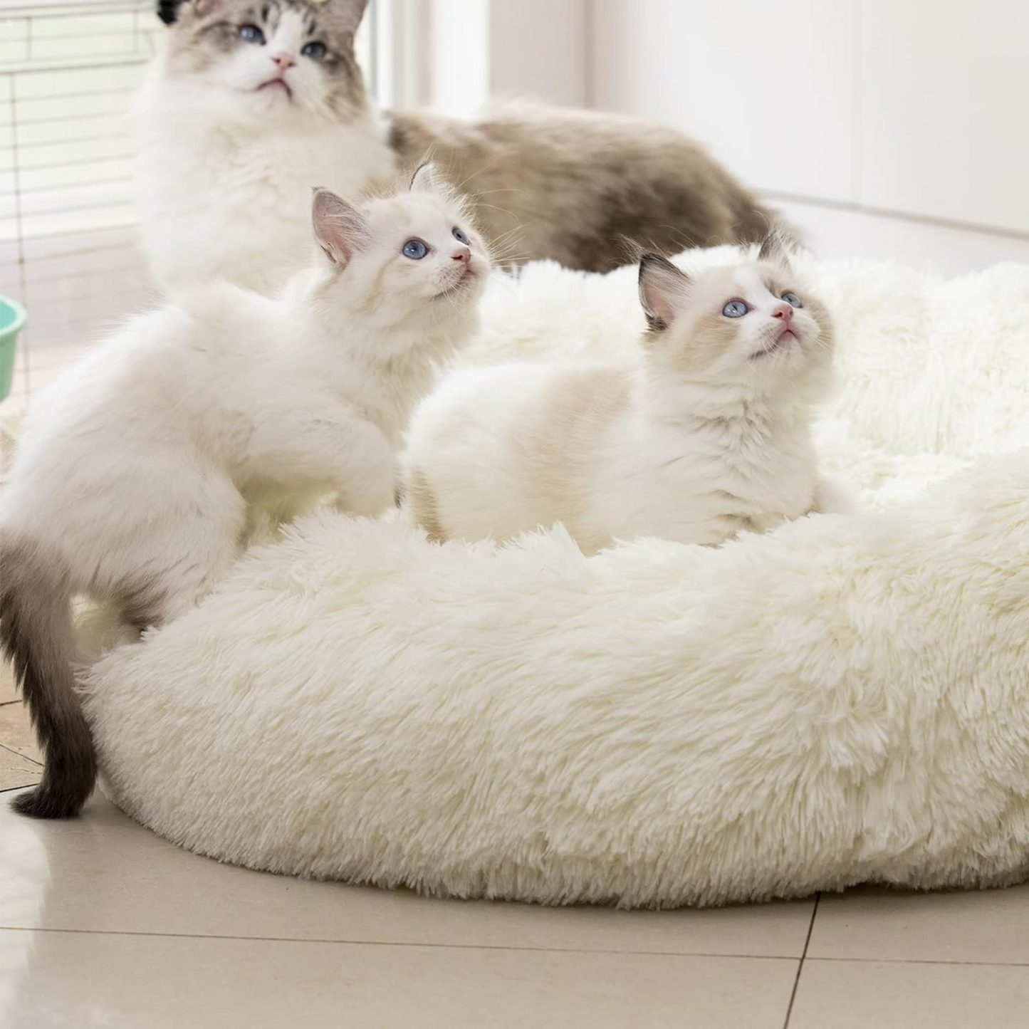 Paw Luxe Anti-Anxiety Plush Faux Fur Pet Bed – Warm & Washable Round Bed for Dogs & Cats – Joint Relief & Ultimate Comfort (20"/24"/27" Options, 27" White)