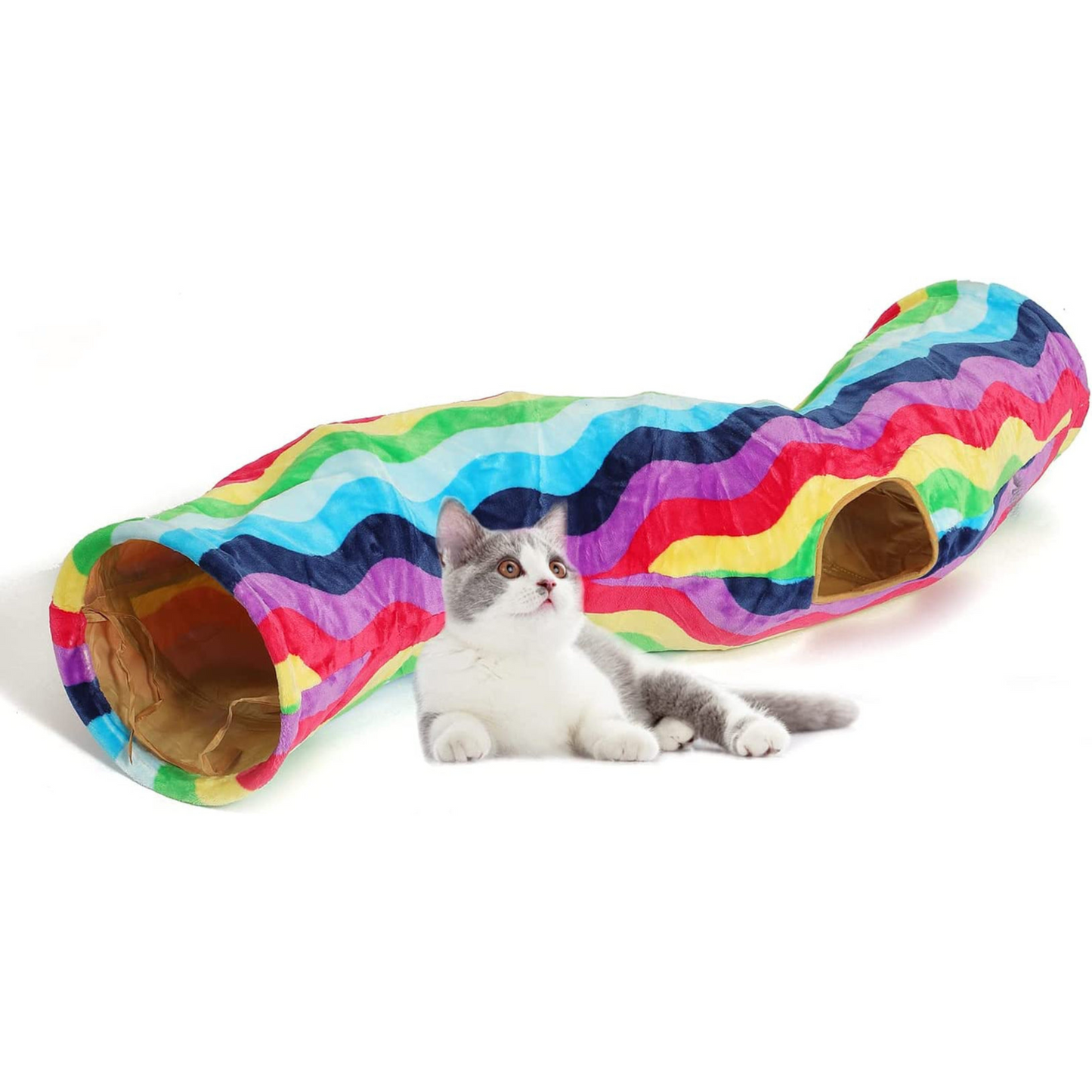 Cozy Cat Tunnel Bed with Plush Cover & Fluffy Toy Balls - Flexible 3 ft Design with Soft Cushion - Ideal for Cats & Small Dogs - Stylish Gray Geometric Pattern