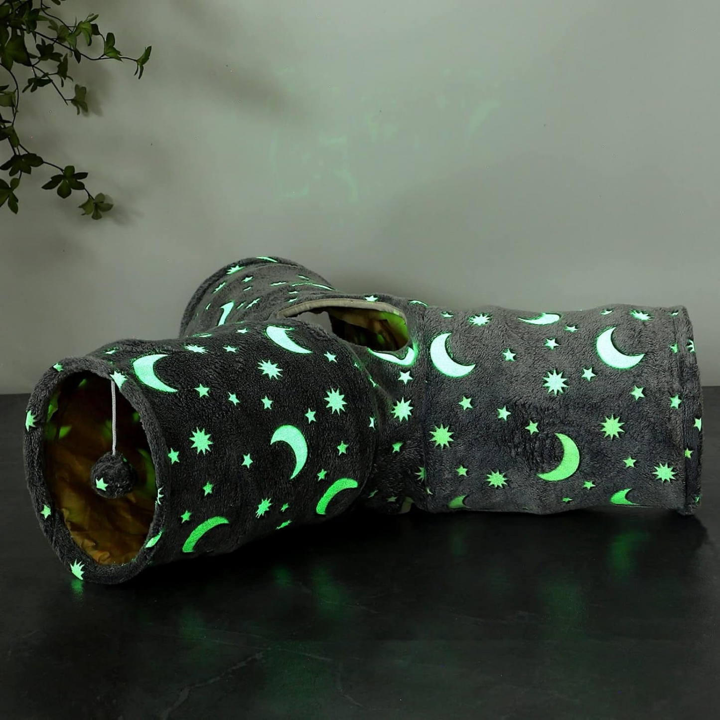Glow-in-the-Dark Cat Tunnel with Plush Ball Toys – Collapsible Fun for Kittens, Bunnies, Ferrets, and Small Dogs – Grey Moon & Star Design
