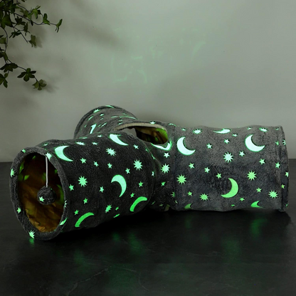 Glow-in-the-Dark Cat Tunnel with Plush Ball Toys – Collapsible Fun for Kittens, Bunnies, Ferrets, and Small Dogs – Grey Moon & Star Design