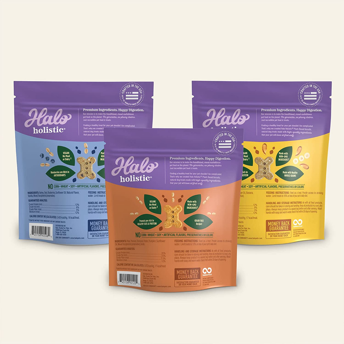 Halo Vegan Dog Treats Variety Pack – Crunchy Plant-Based Goodness with Oats & Blueberries, Peanut Butter & Banana, and Peanuts & Pumpkin Flavors – 8 oz, 3-Pack