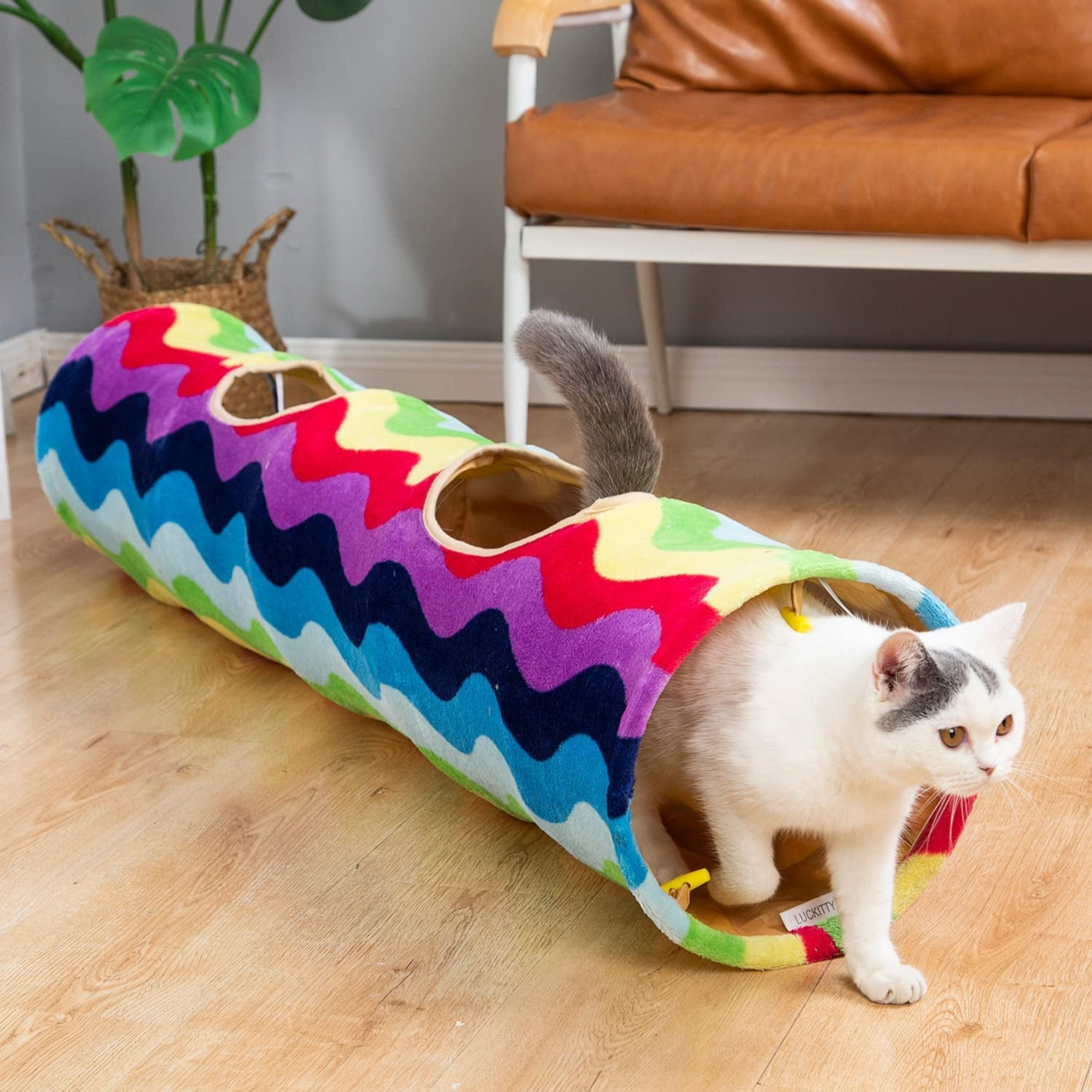 Cozy Cat Tunnel Bed with Plush Cover & Fluffy Toy Balls - Flexible 3 ft Design with Soft Cushion - Ideal for Cats & Small Dogs - Stylish Gray Geometric Pattern
