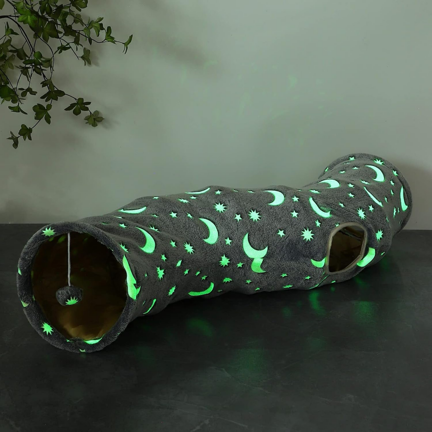 Glow-in-the-Dark Cat Tunnel with Plush Ball Toys – Collapsible Fun for Kittens, Bunnies, Ferrets, and Small Dogs – Grey Moon & Star Design
