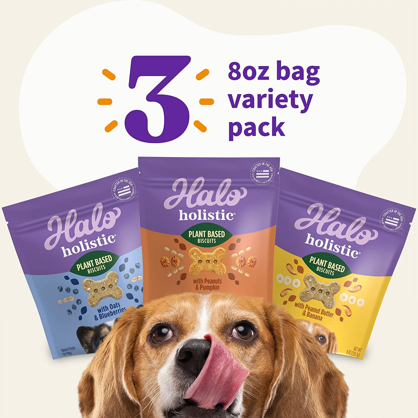 Halo Vegan Dog Treats Variety Pack – Crunchy Plant-Based Goodness with Oats & Blueberries, Peanut Butter & Banana, and Peanuts & Pumpkin Flavors – 8 oz, 3-Pack