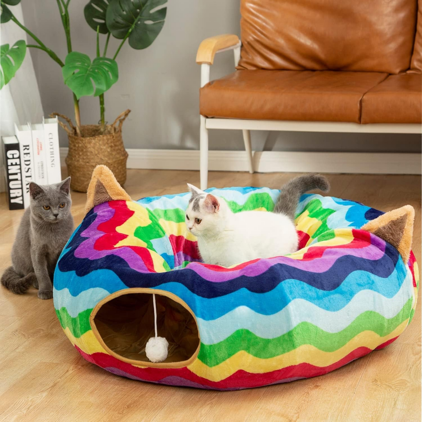 Cozy Cat Tunnel Bed with Plush Cover & Fluffy Toy Balls - Flexible 3 ft Design with Soft Cushion - Ideal for Cats & Small Dogs - Stylish Gray Geometric Pattern