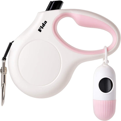 10-Ft Retractable Dog Leash with Poop Bag Dispenser – Tangle-Free Reflective Leash for Extra-Small Dogs & Cats up to 18 lbs, Anti-Slip Handle (XS, White)