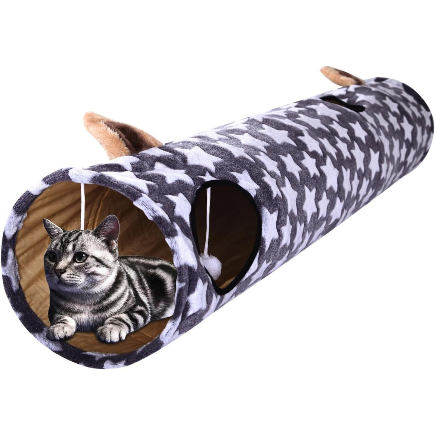 Cozy Cat Tunnel Bed with Plush Cover & Fluffy Toy Balls - Flexible 3 ft Design with Soft Cushion - Ideal for Cats & Small Dogs - Stylish Gray Geometric Pattern