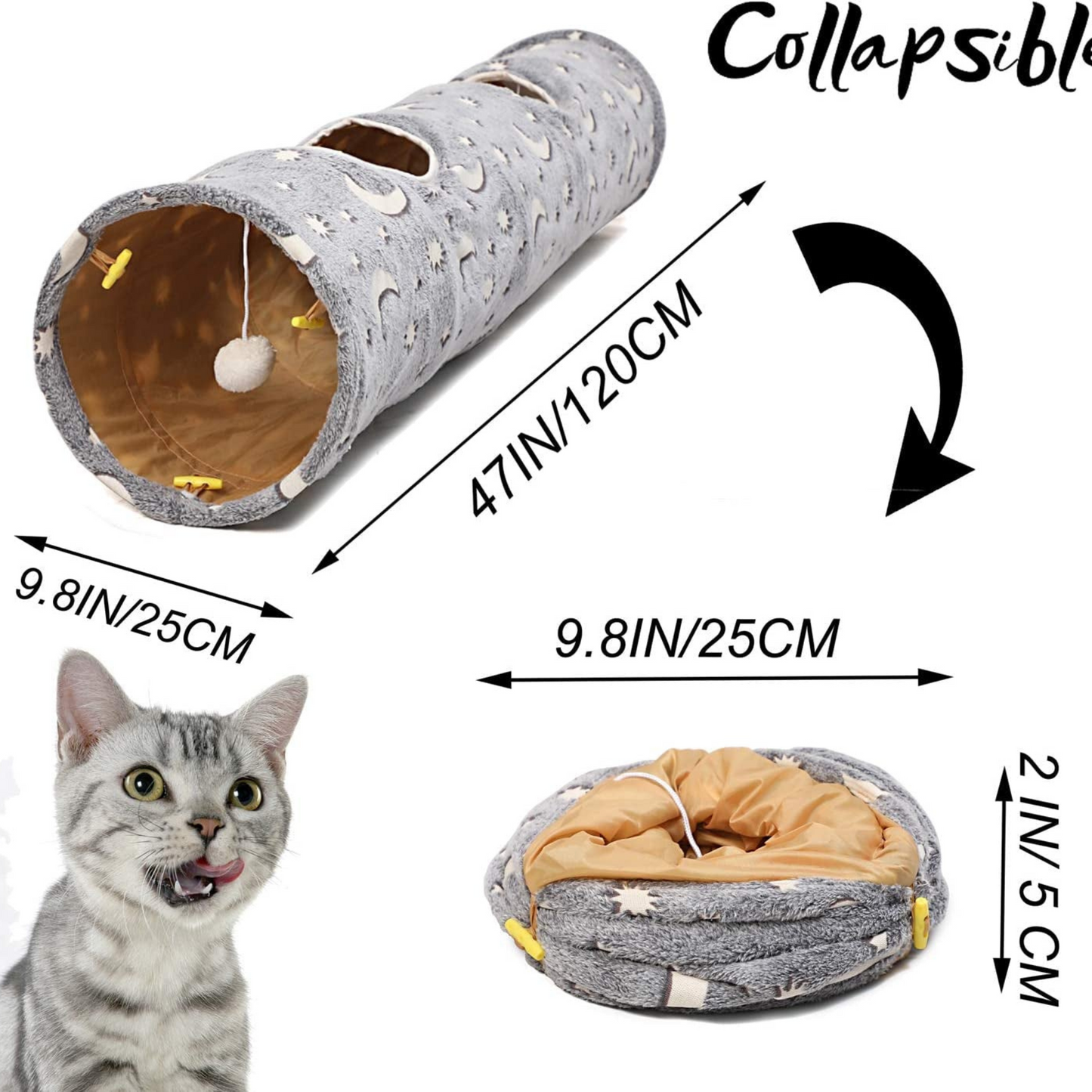 Glow-in-the-Dark Cat Tunnel with Plush Ball Toys – Collapsible Fun for Kittens, Bunnies, Ferrets, and Small Dogs – Grey Moon & Star Design