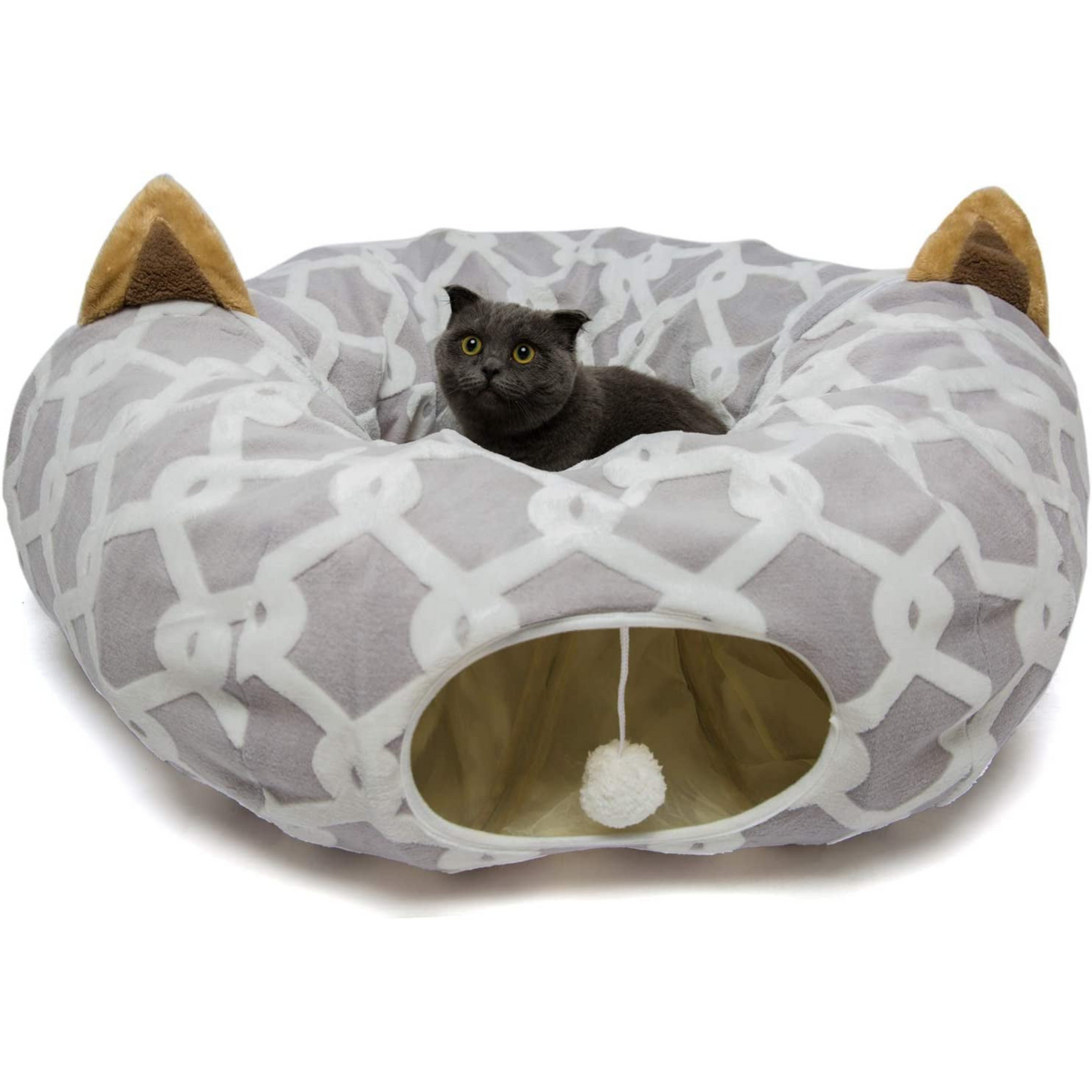 Cozy Cat Tunnel Bed with Plush Cover & Fluffy Toy Balls - Flexible 3 ft Design with Soft Cushion - Ideal for Cats & Small Dogs - Stylish Gray Geometric Pattern