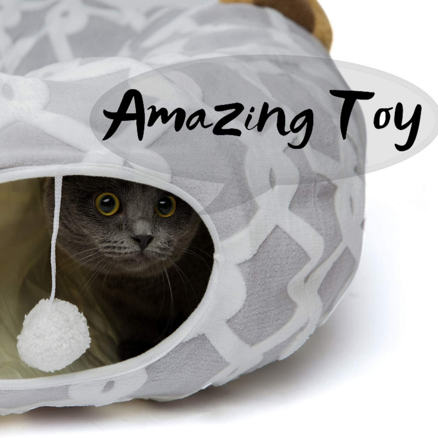 Cozy Cat Tunnel Bed with Plush Cover & Fluffy Toy Balls - Flexible 3 ft Design with Soft Cushion - Ideal for Cats & Small Dogs - Stylish Gray Geometric Pattern