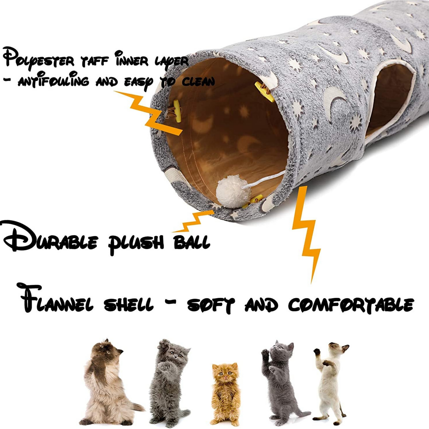 Glow-in-the-Dark Cat Tunnel with Plush Ball Toys – Collapsible Fun for Kittens, Bunnies, Ferrets, and Small Dogs – Grey Moon & Star Design