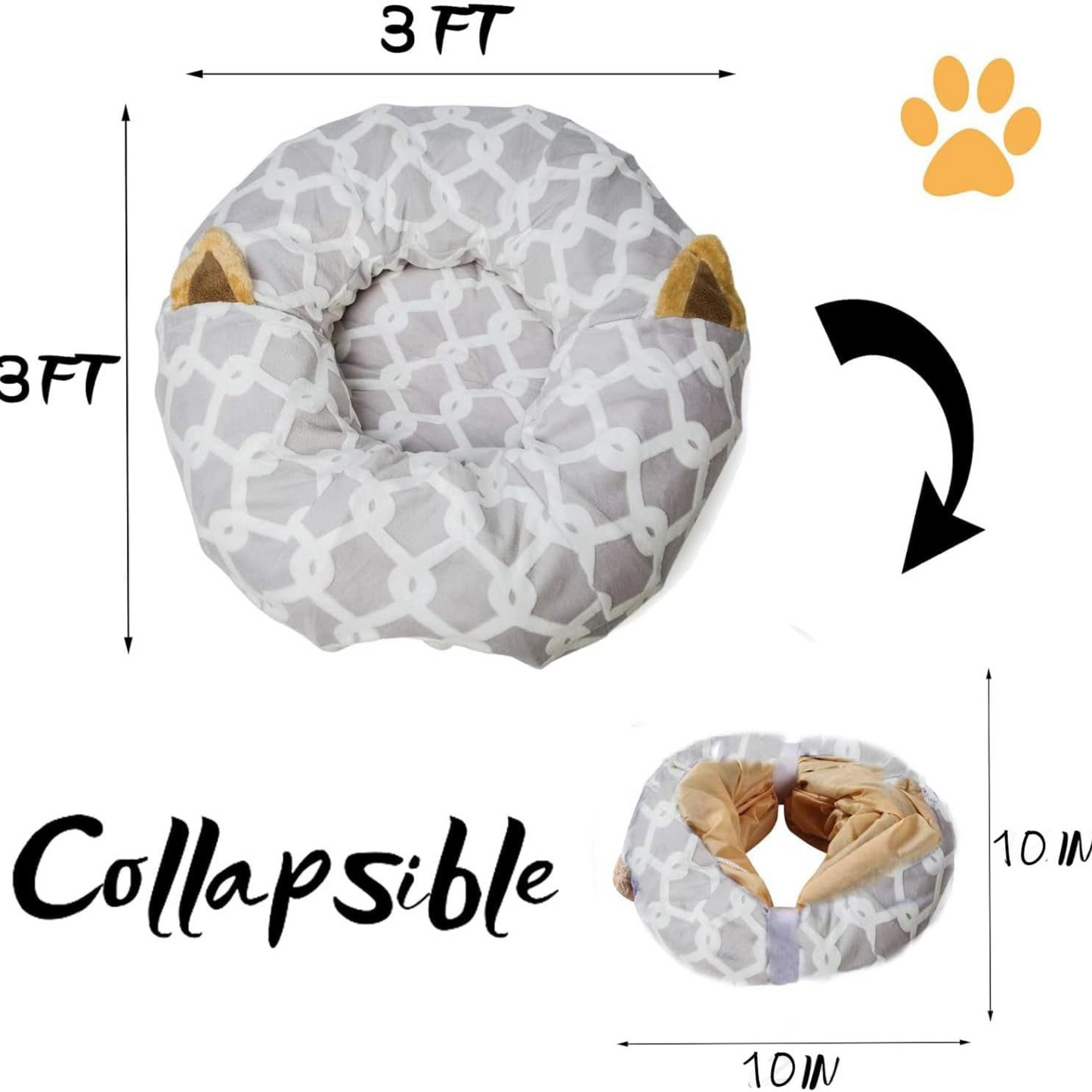Cozy Cat Tunnel Bed with Plush Cover & Fluffy Toy Balls - Flexible 3 ft Design with Soft Cushion - Ideal for Cats & Small Dogs - Stylish Gray Geometric Pattern