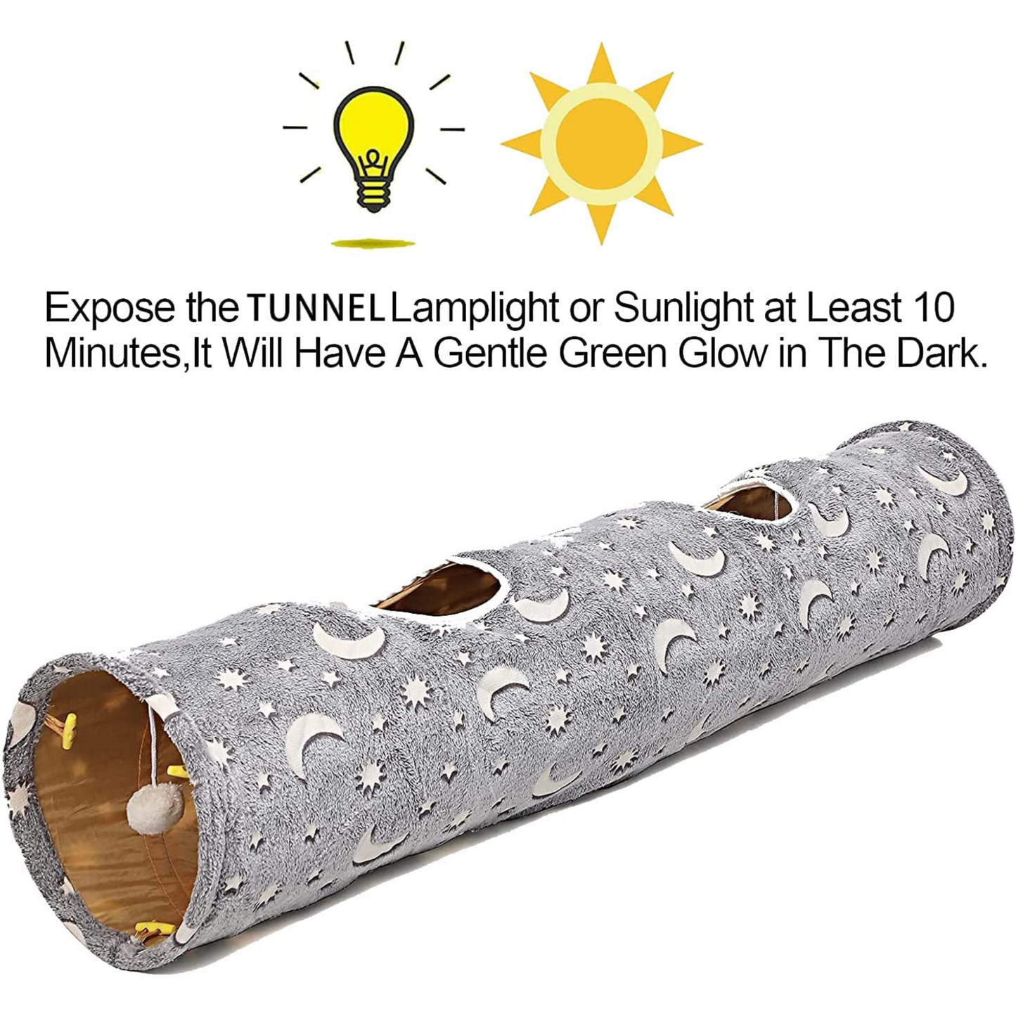 Glow-in-the-Dark Cat Tunnel with Plush Ball Toys – Collapsible Fun for Kittens, Bunnies, Ferrets, and Small Dogs – Grey Moon & Star Design