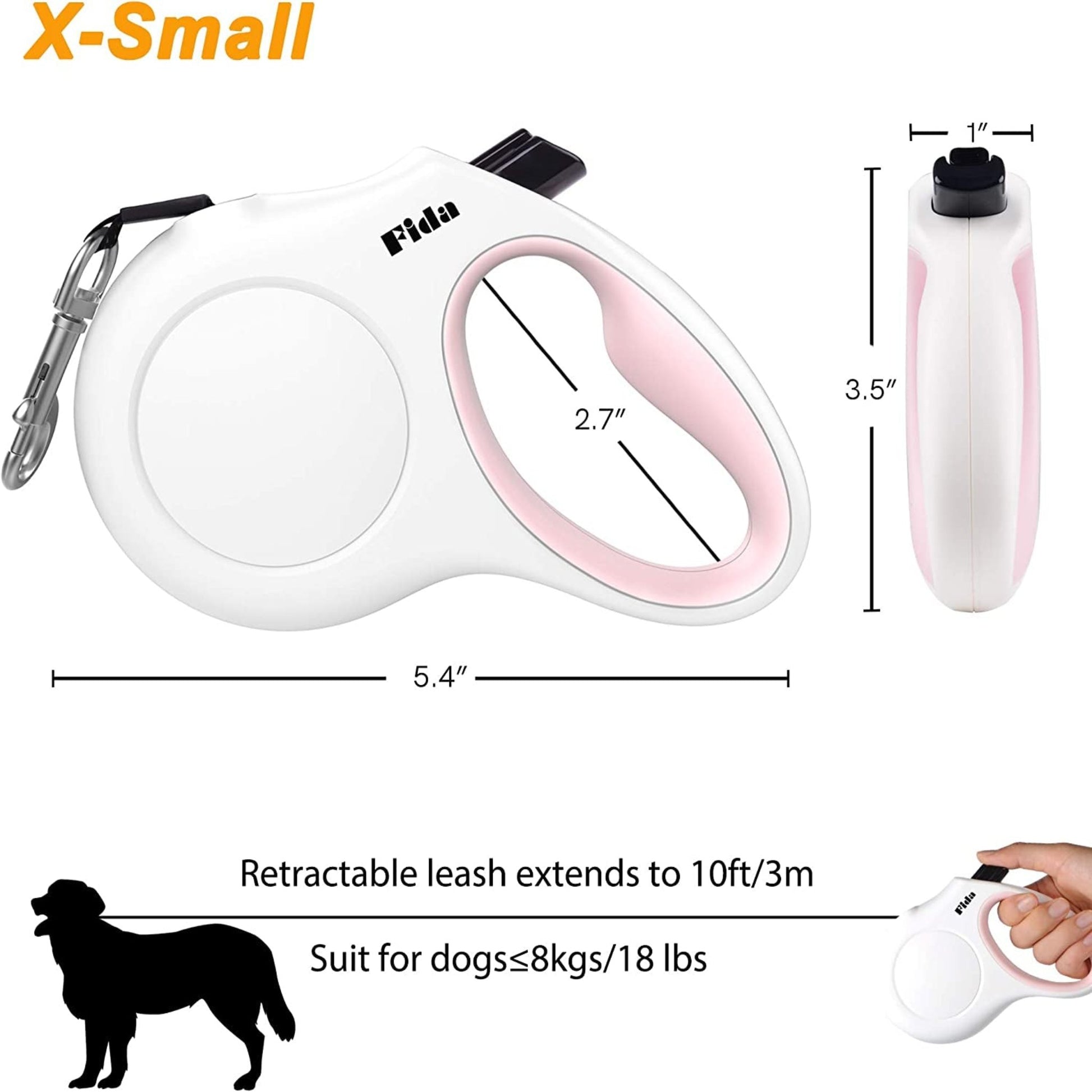 10-Ft Retractable Dog Leash with Poop Bag Dispenser – Tangle-Free Reflective Leash for Extra-Small Dogs & Cats up to 18 lbs, Anti-Slip Handle (XS, White)