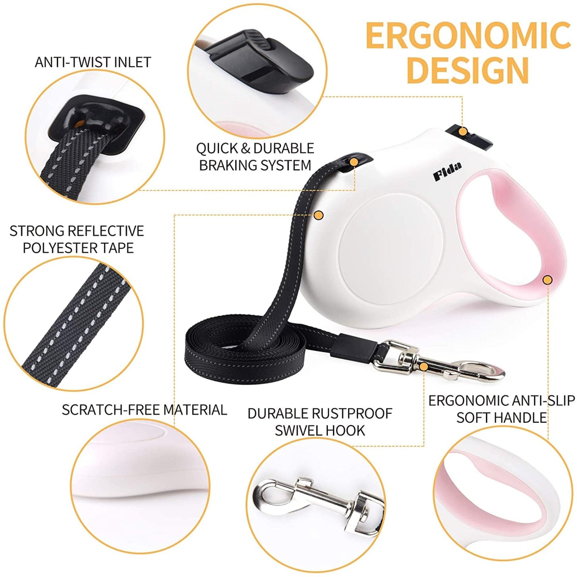 10-Ft Retractable Dog Leash with Poop Bag Dispenser – Tangle-Free Reflective Leash for Extra-Small Dogs & Cats up to 18 lbs, Anti-Slip Handle (XS, White)