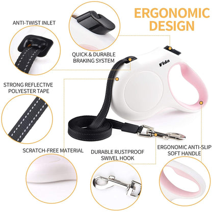 10-Ft Retractable Dog Leash with Poop Bag Dispenser – Tangle-Free Reflective Leash for Extra-Small Dogs & Cats up to 18 lbs, Anti-Slip Handle (XS, White)